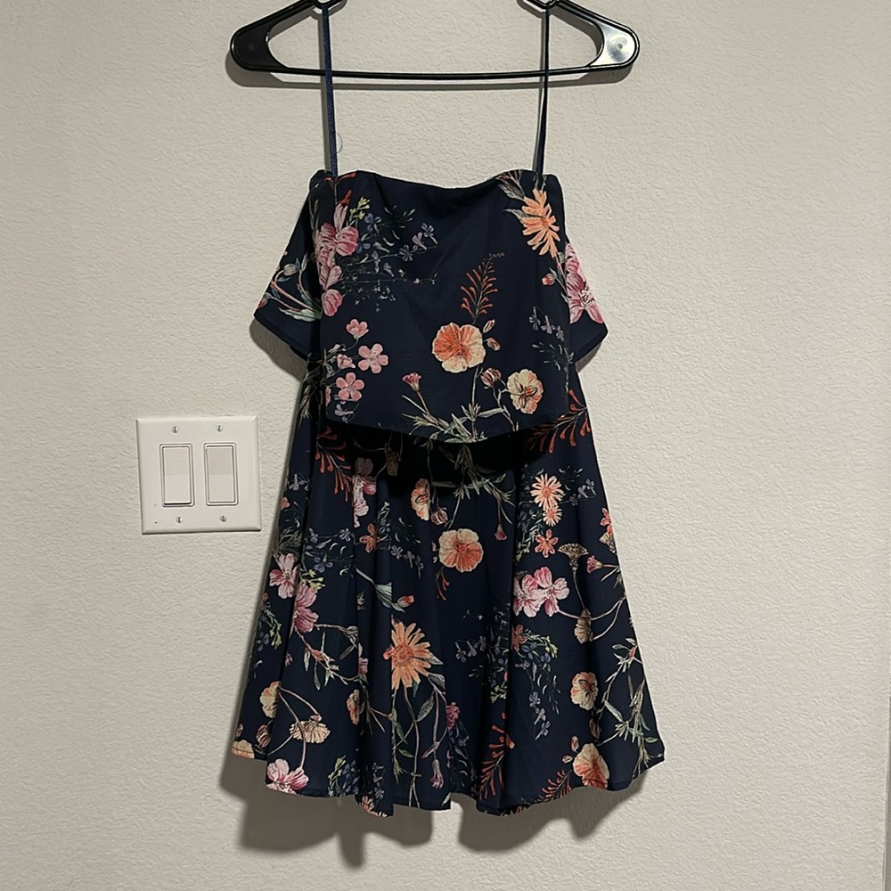 Navy Strapless Floral Dress